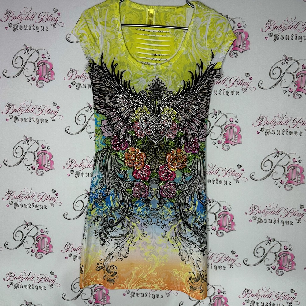 Miss pinky dress cut out bling rhinestone y2k rainbow Yellow Graphic top tattoo